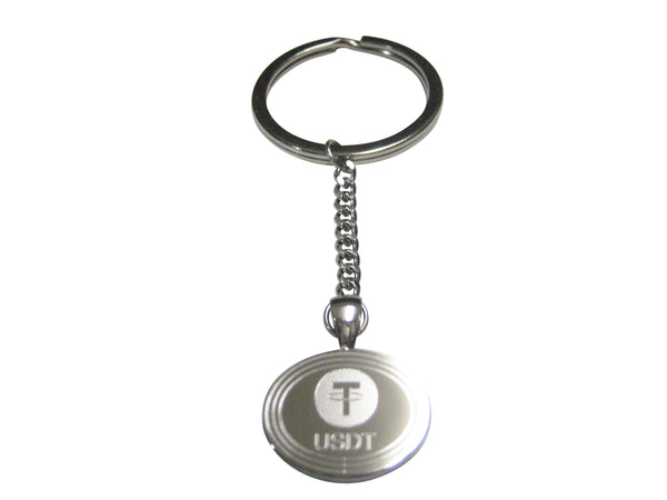 Silver Toned Oval Etched Tether Coin Cryptocurrency Blockchain Pendant Keychain