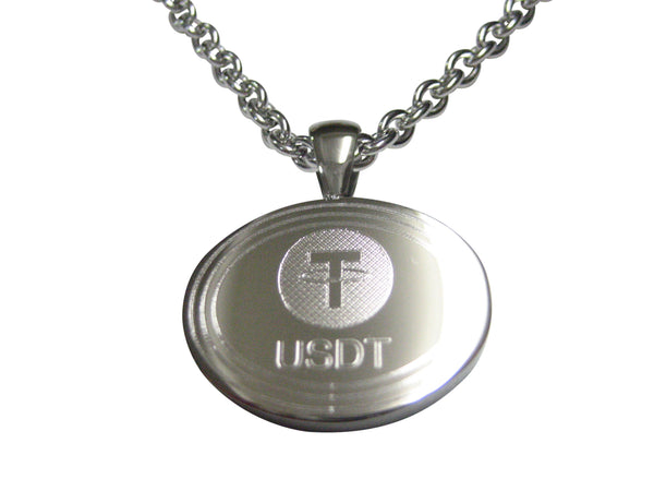 Silver Toned Oval Etched Tether Coin Cryptocurrency Blockchain Pendant Necklace