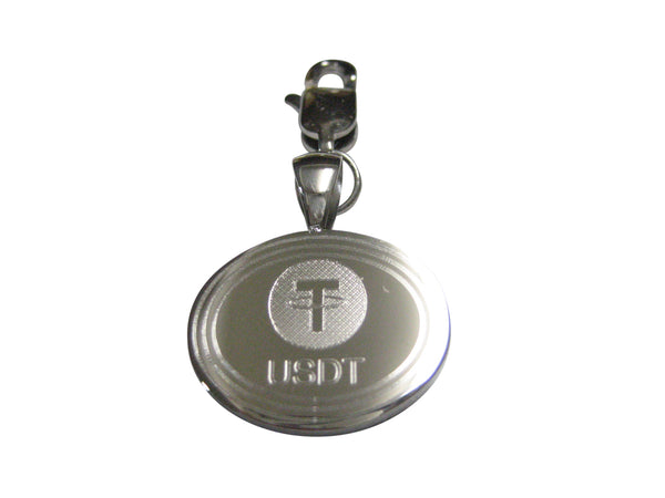 Silver Toned Oval Etched Tether Coin Cryptocurrency Blockchain Pendant Zipper Pull Charm