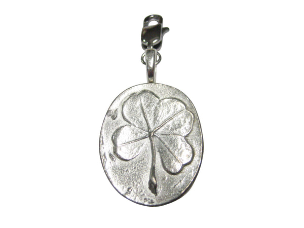 Silver Toned Oval Lucky Four Leaf Clover Pendant Zipper Pull Charm