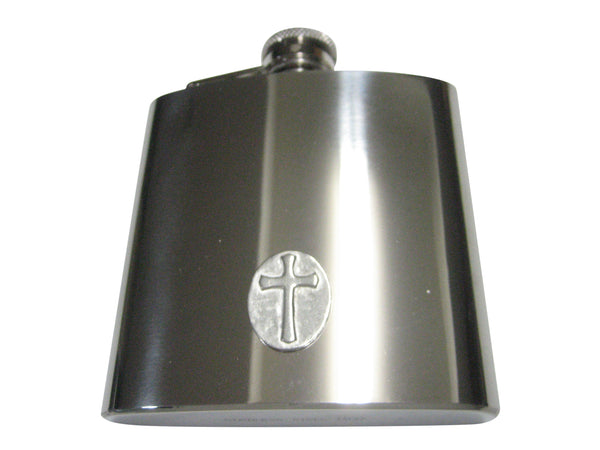 Silver Toned Oval Religious Cross 6oz Flask