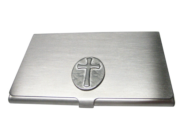 Silver Toned Oval Religious Cross Business Card Holder