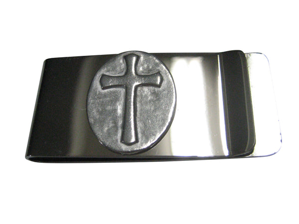 Silver Toned Oval Religious Cross Money Clip