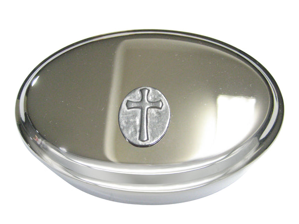 Silver Toned Oval Religious Cross Oval Trinket Jewelry Box