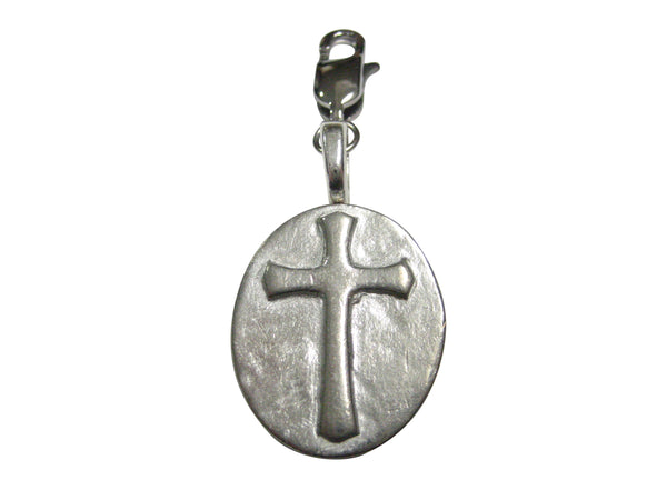 Silver Toned Oval Religious Cross Pendant Zipper Pull Charm