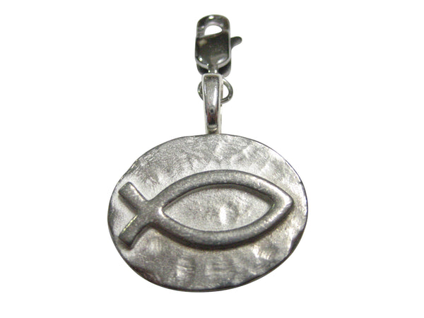 Silver Toned Oval Religious Ichthys Fish Pendant Zipper Pull Charm