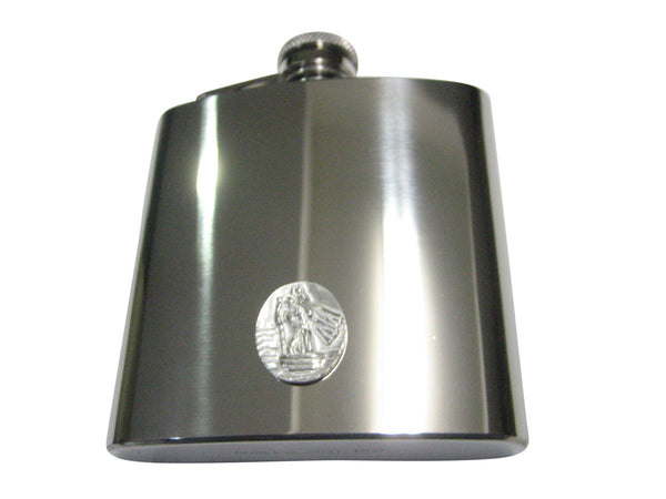 Silver Toned Oval Saint Christopher 6oz Flask