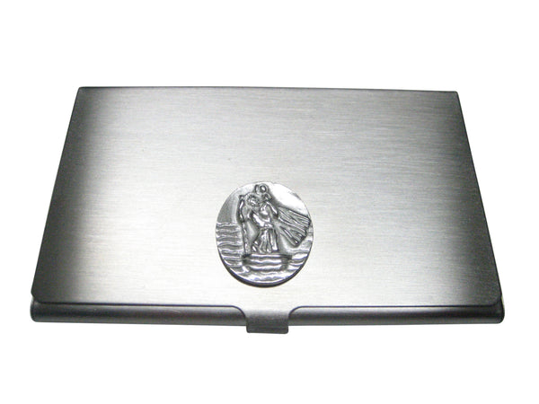 Silver Toned Oval Saint Christopher Business Card Holder