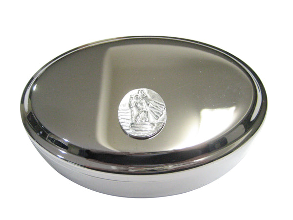 Silver Toned Oval Saint Christopher Oval Trinket Jewelry Box