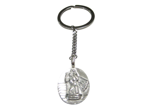 Silver Toned Oval Saint Christopher Pendant Keychain