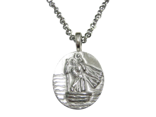 Silver Toned Oval Saint Christopher Pendant Necklace