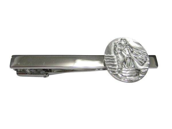 Silver Toned Oval Saint Christopher Tie Clip