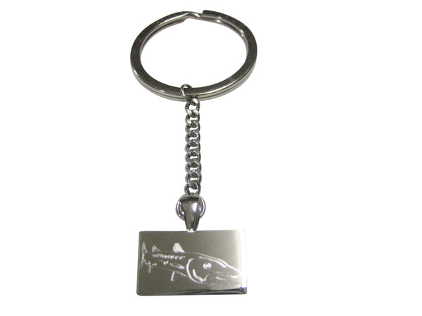Silver Toned Rectangular Etched Barracuda Fish Pendant Keychain