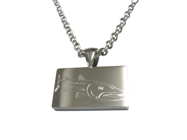 Silver Toned Rectangular Etched Barracuda Fish Pendant Necklace