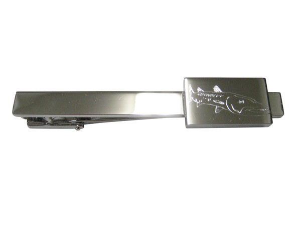 Silver Toned Rectangular Etched Barracuda Fish Tie Clip