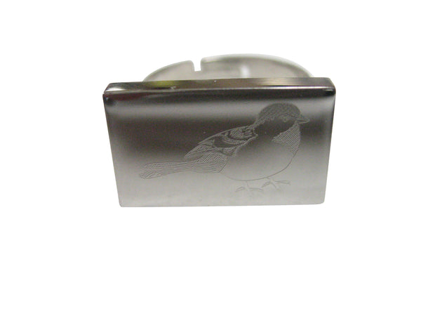 Silver Toned Rectangular Etched Chickadee Bird Adjustable Size Fashion Ring