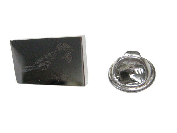 Silver Toned Rectangular Etched Chickadee Bird Lapel Pin