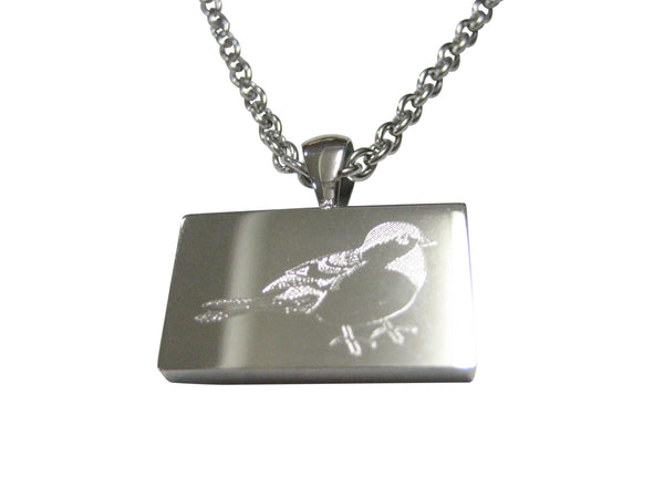Silver Toned Rectangular Etched Chickadee Bird Pendant Necklace