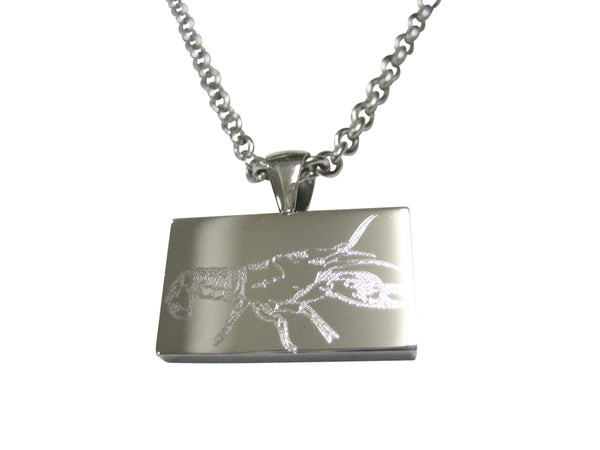 Silver Toned Rectangular Etched Crayfish Crawfish Crawdad Pendant Necklace