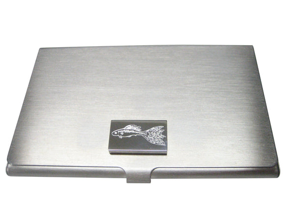 Silver Toned Rectangular Etched Guppy Fish Business Card Holder