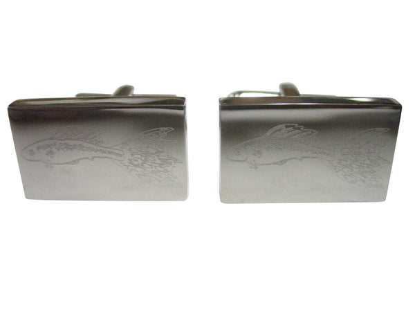 Silver Toned Rectangular Etched Guppy Fish Cufflinks