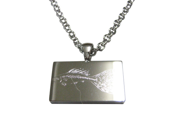 Silver Toned Rectangular Etched Guppy Fish Pendant Necklace