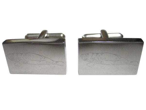 Silver Toned Rectangular Etched Manatee Cufflinks