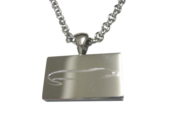 Silver Toned Rectangular Etched Moray Eel Fish Pendant Necklace