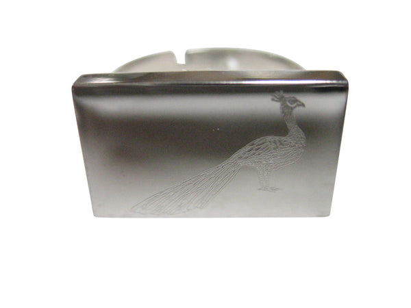 Silver Toned Rectangular Etched Peacock Bird Adjustable Size Fashion Ring