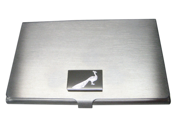 Silver Toned Rectangular Etched Peacock Bird Business Card Holder