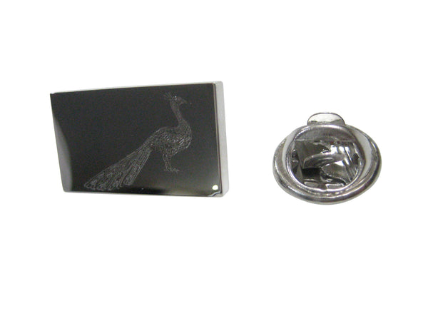 Silver Toned Rectangular Etched Peacock Bird Lapel Pin