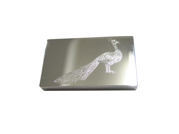 Silver Toned Rectangular Etched Peacock Bird Magnet