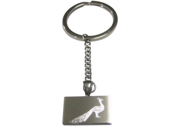 Silver Toned Rectangular Etched Peacock Bird Pendant Keychain
