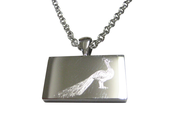 Silver Toned Rectangular Etched Peacock Bird Pendant Necklace
