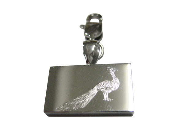 Silver Toned Rectangular Etched Peacock Bird Pendant Zipper Pull Charm