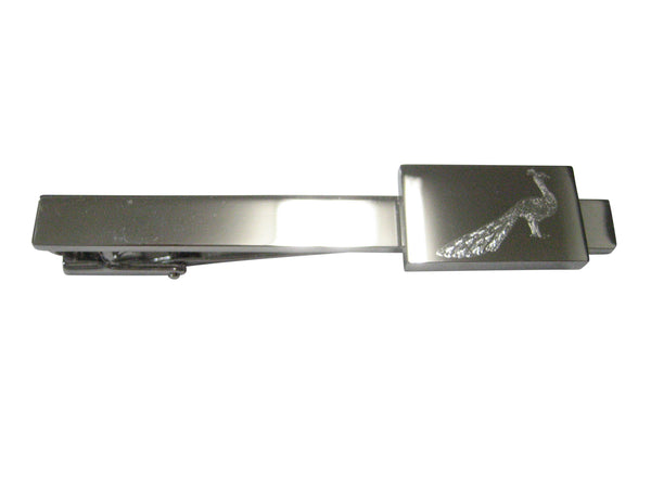 Silver Toned Rectangular Etched Peacock Bird Tie Clip