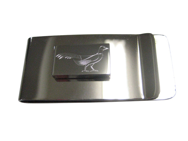 Silver Toned Rectangular Etched Pheasant Bird Money Clip