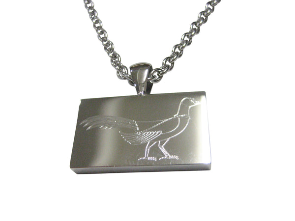 Silver Toned Rectangular Etched Pheasant Bird Pendant Necklace