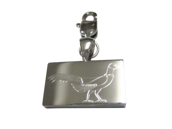 Silver Toned Rectangular Etched Pheasant Bird Pendant Zipper Pull Charm