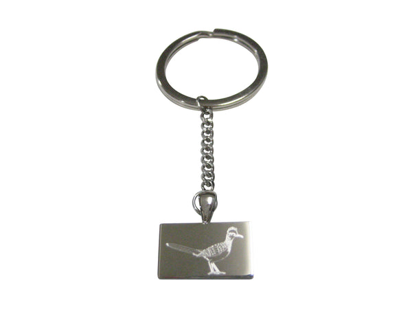 Silver Toned Rectangular Etched Roadrunner Bird Pendant Keychain