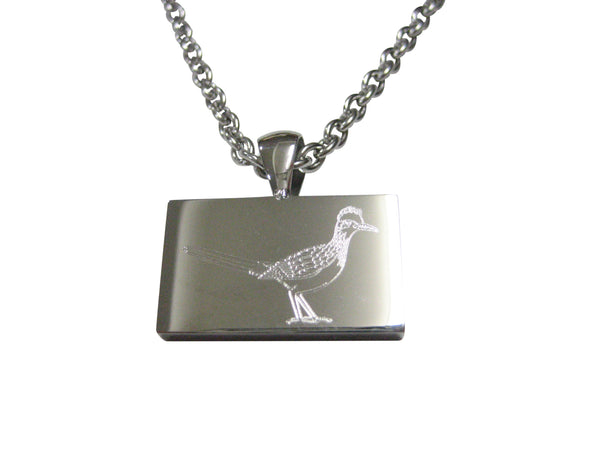 Silver Toned Rectangular Etched Roadrunner Bird Pendant Necklace