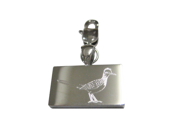 Silver Toned Rectangular Etched Roadrunner Bird Pendant Zipper Pull Charm