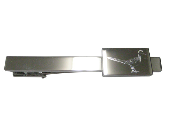 Silver Toned Rectangular Etched Roadrunner Bird Tie Clip
