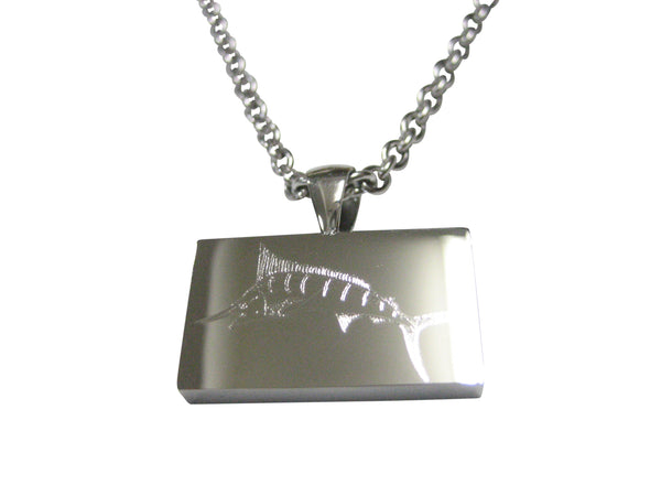Silver Toned Rectangular Etched Sailfish Marlin Fish Pendant Necklace