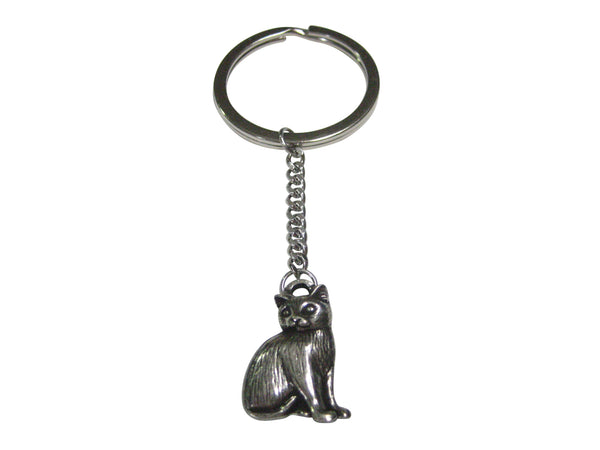 Silver Toned Sitting Shy Cat Pendant Keychain