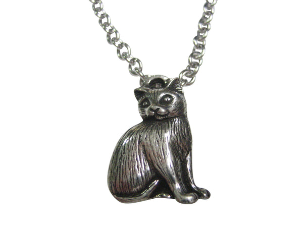 Silver Toned Sitting Shy Cat Pendant Necklace