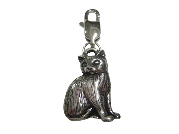 Silver Toned Sitting Shy Cat Pendant Zipper Pull Charm