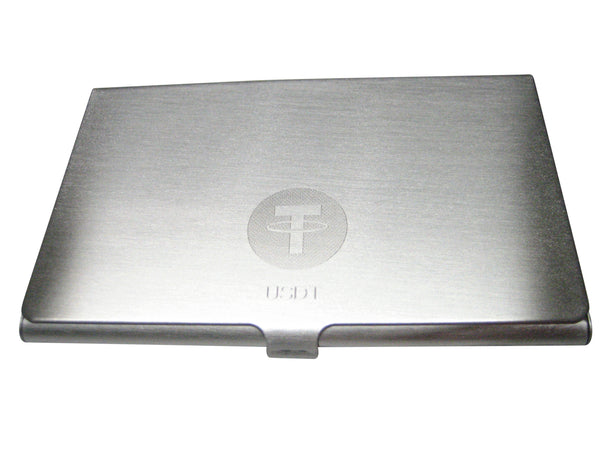 Silver Toned Small Etched Sleek Tether Coin Cryptocurrency Blockchain Business Card Holder