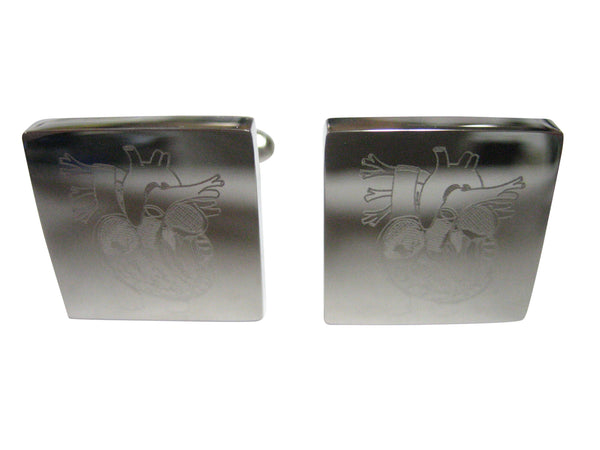 Silver Toned Square Etched Anatomical Heart Cufflinks