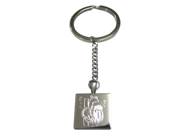 Silver Toned Square Etched Anatomical Heart Pendant Keychain